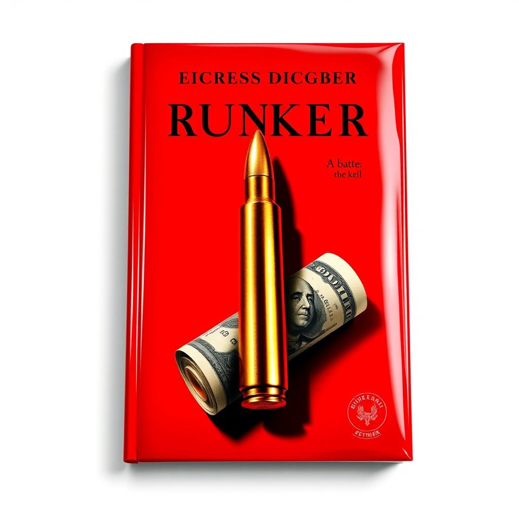 A striking red book cover, featuring a detailed and artistic design of a bullet, symbolizing tension and danger, alongside a rolled dollar bill, representing wealth and currency