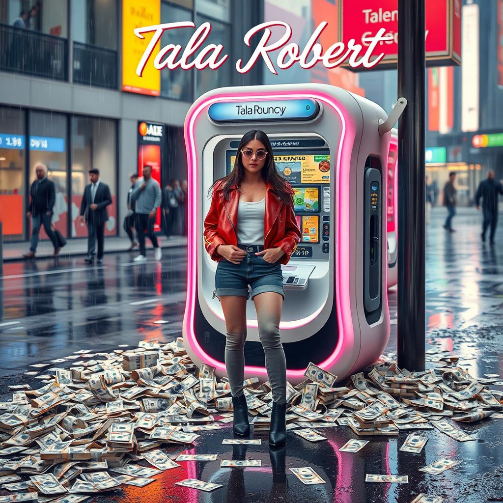 A modern, stylish young woman in contemporary fashion standing next to a futuristic ichancy machine with a sleek design