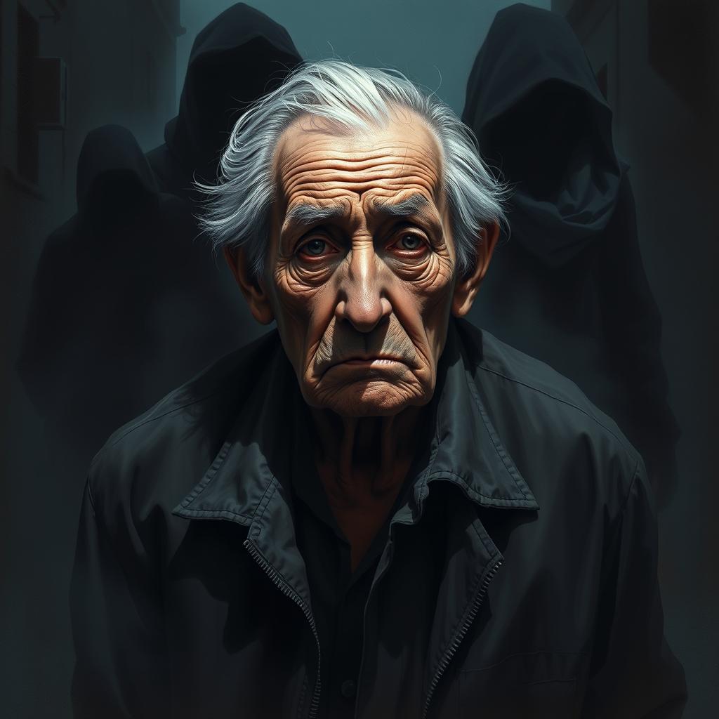 A powerful and emotive artwork depicting the theme of violence against the elderly