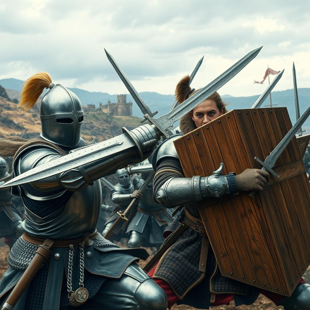 A dynamic medieval battlefield scene, featuring several soldiers in detailed armor, engaged in fierce combat