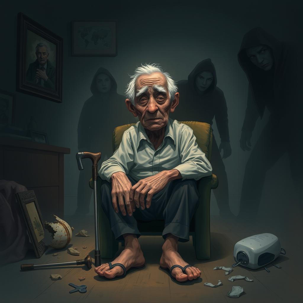 A powerful illustration depicting the theme of violence against the elderly, showcasing a frail old man sitting in a dimly lit room, with a worried expression on his face