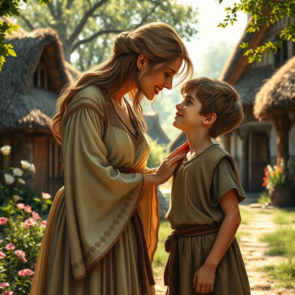 A medieval scene capturing an affectionate moment between a mother and her teenage son, set in a rustic village background with thatched-roof cottages and blooming flowers