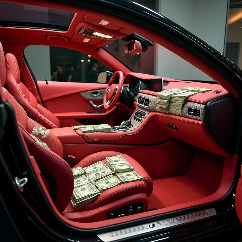 A luxurious car interior showcasing stacks of cash amounting to 2 million US dollars