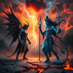 A dramatic showdown between Lucifer and Shiva set in a mystical battlefield