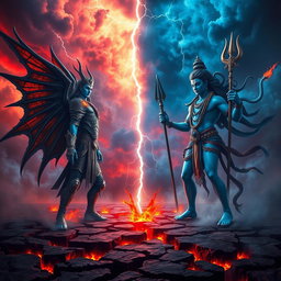 A dramatic showdown between Lucifer and Shiva set in a mystical battlefield