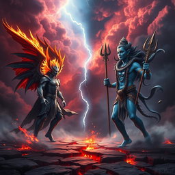 A dramatic showdown between Lucifer and Shiva set in a mystical battlefield