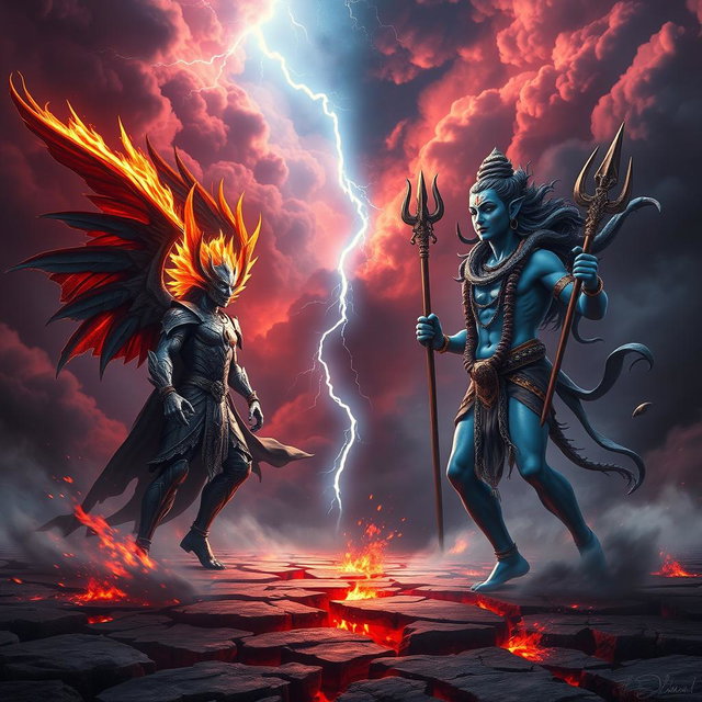 A dramatic showdown between Lucifer and Shiva set in a mystical battlefield