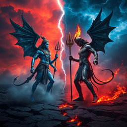 A dramatic showdown between Lucifer and Shiva set in a mystical battlefield