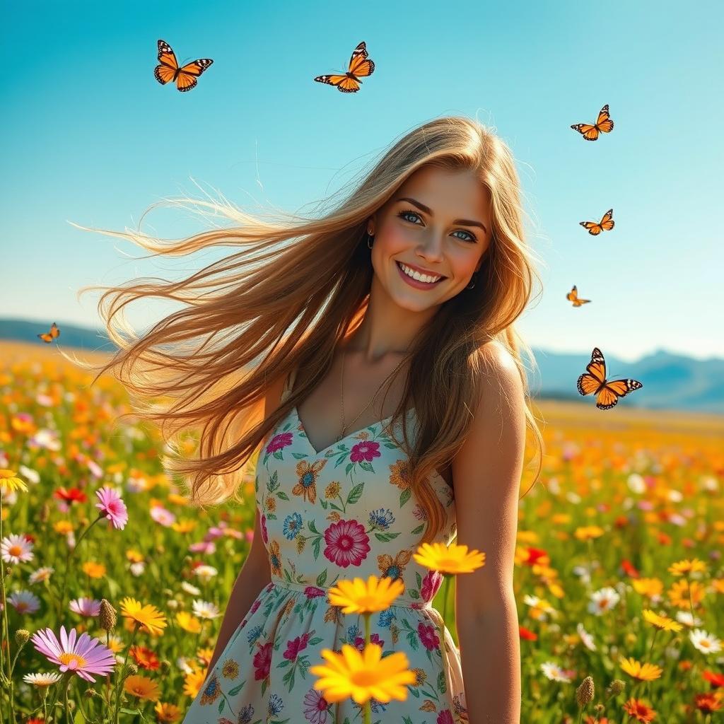 A beautiful young woman with long flowing hair, dressed in a fashionable summer dress, standing in a sunlit meadow filled with colorful wildflowers