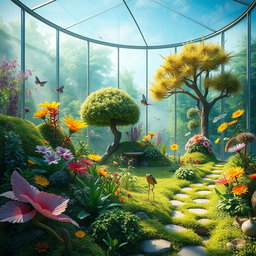 A surreal, vibrant landscape that represents a vivarium, showcasing a lush, glass-enclosed garden teeming with exotic plants and wildlife