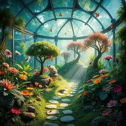 A surreal, vibrant landscape that represents a vivarium, showcasing a lush, glass-enclosed garden teeming with exotic plants and wildlife