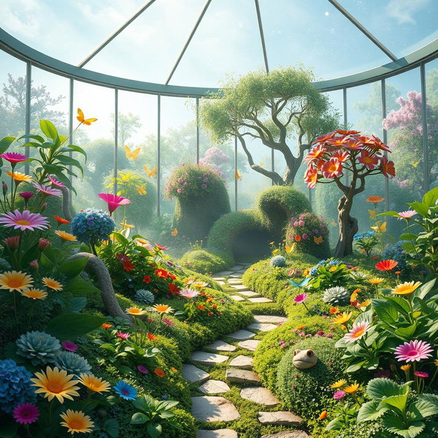 A surreal, vibrant landscape that represents a vivarium, showcasing a lush, glass-enclosed garden teeming with exotic plants and wildlife