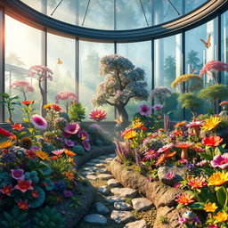 A surreal, vibrant landscape that represents a vivarium, showcasing a lush, glass-enclosed garden teeming with exotic plants and wildlife