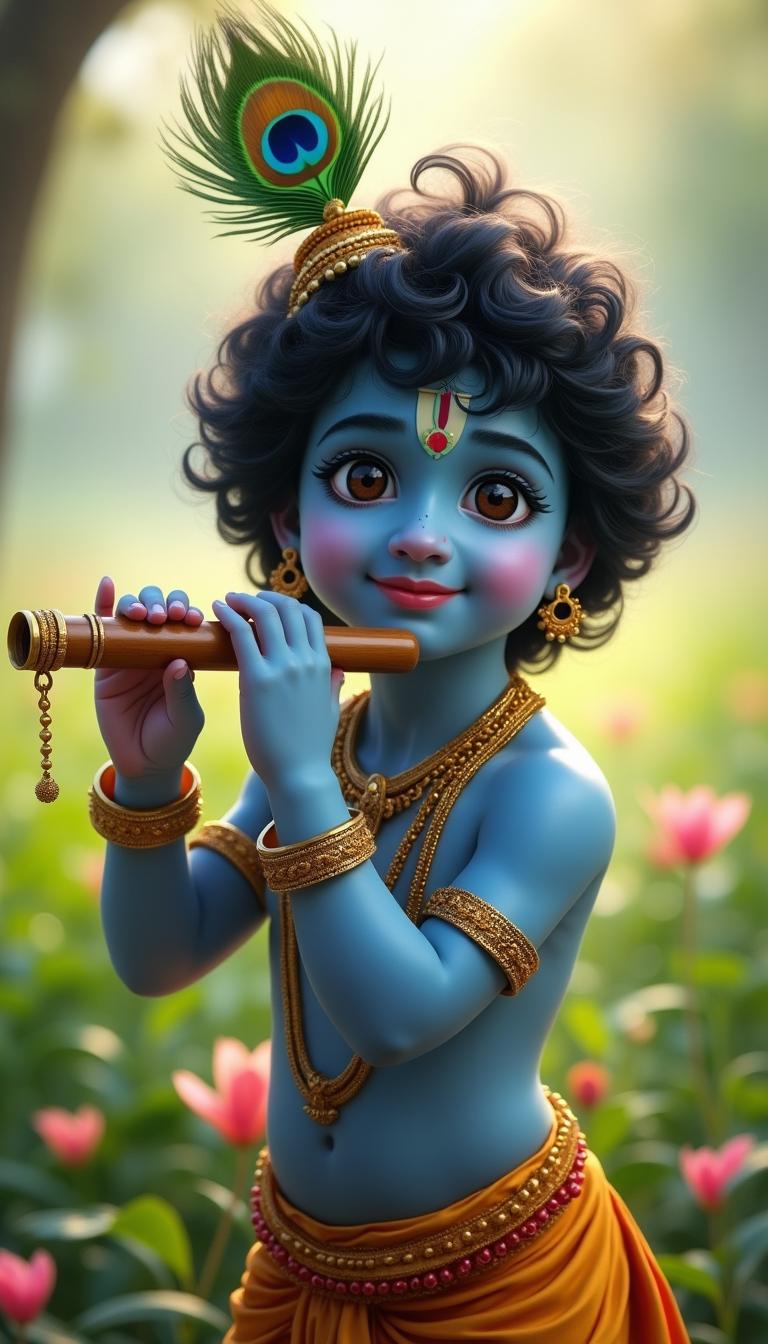 A stunning depiction of Lord Krishna, the Hindu deity, portrayed as a young man with blue skin, bright smiling face, and curly black hair