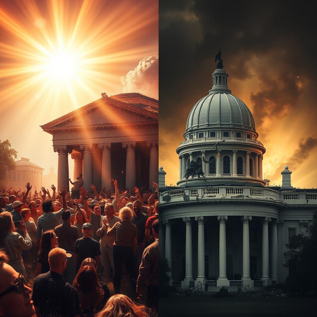 An impactful image divided into two halves: on the left, a brilliant and sparkling representation of the Temple of Solomon, filled with joyful people celebrating, basking in sunlight