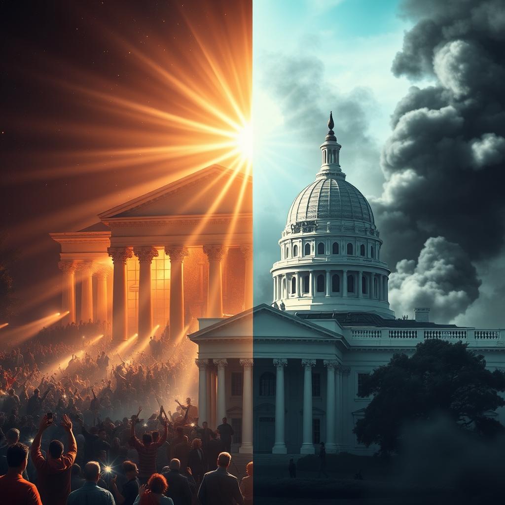 An eye-catching image featuring a background split into two halves: on the left, a radiant and shimmering depiction of the Temple of Solomon, full of people celebrating under bright sunlight, exuding an aura of joy and peace