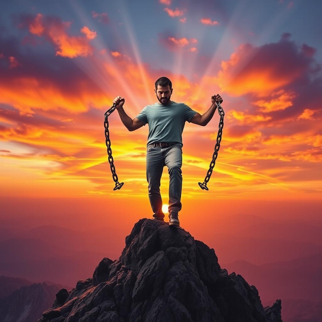 A powerful, symbolic image of an individual standing confidently on a mountain peak, with a fierce expression, surrounded by a dramatic sunset sky