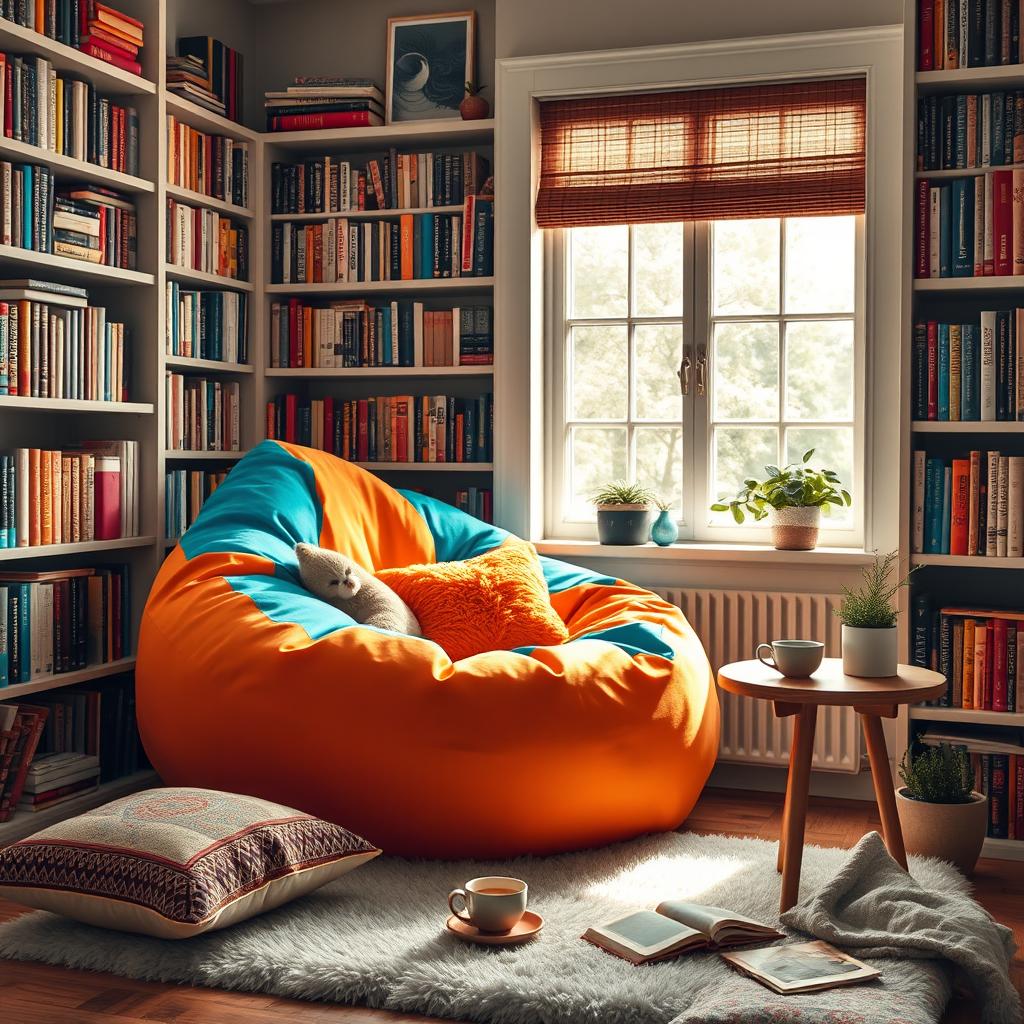 A vibrant and colorful bean bag chair placed in a cozy reading nook surrounded by bookshelves filled with books