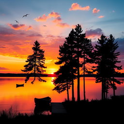 A stunning sunset over a peaceful lake, with vibrant colors of orange, pink, and purple reflecting on the water's surface