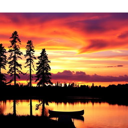 A stunning sunset over a peaceful lake, with vibrant colors of orange, pink, and purple reflecting on the water's surface