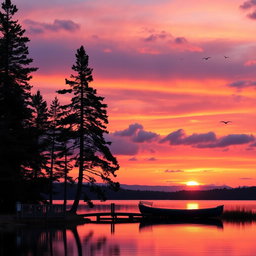 A stunning sunset over a peaceful lake, with vibrant colors of orange, pink, and purple reflecting on the water's surface