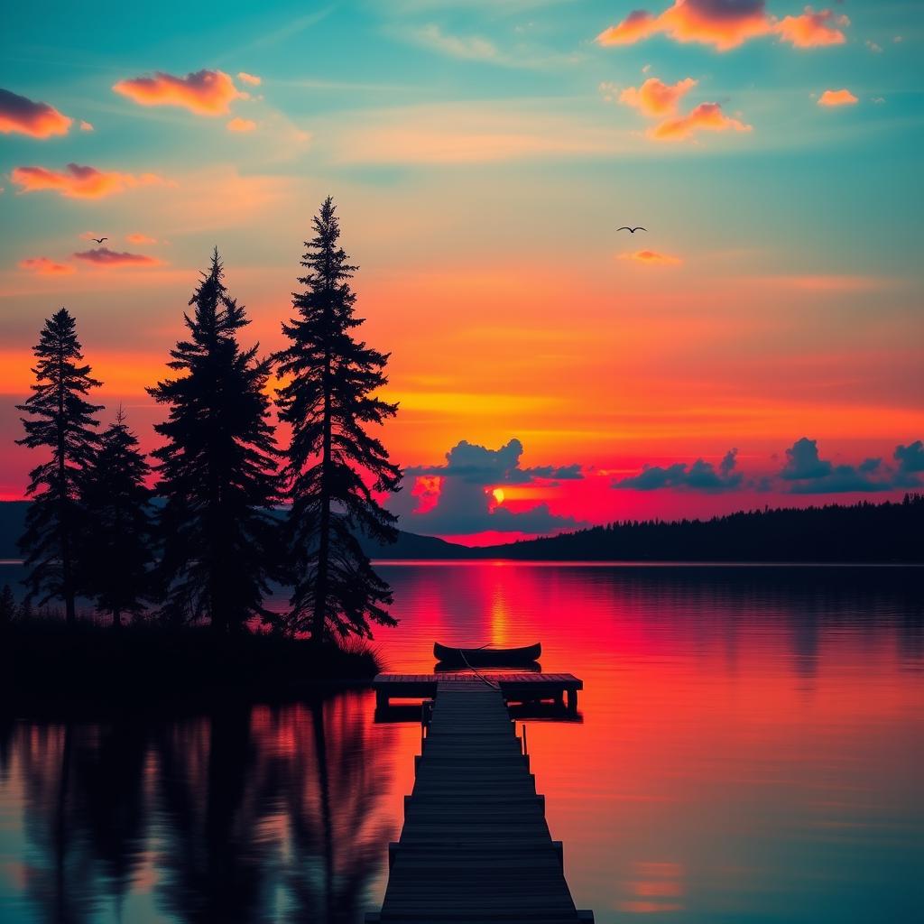 A stunning sunset over a peaceful lake, with vibrant colors of orange, pink, and purple reflecting on the water's surface