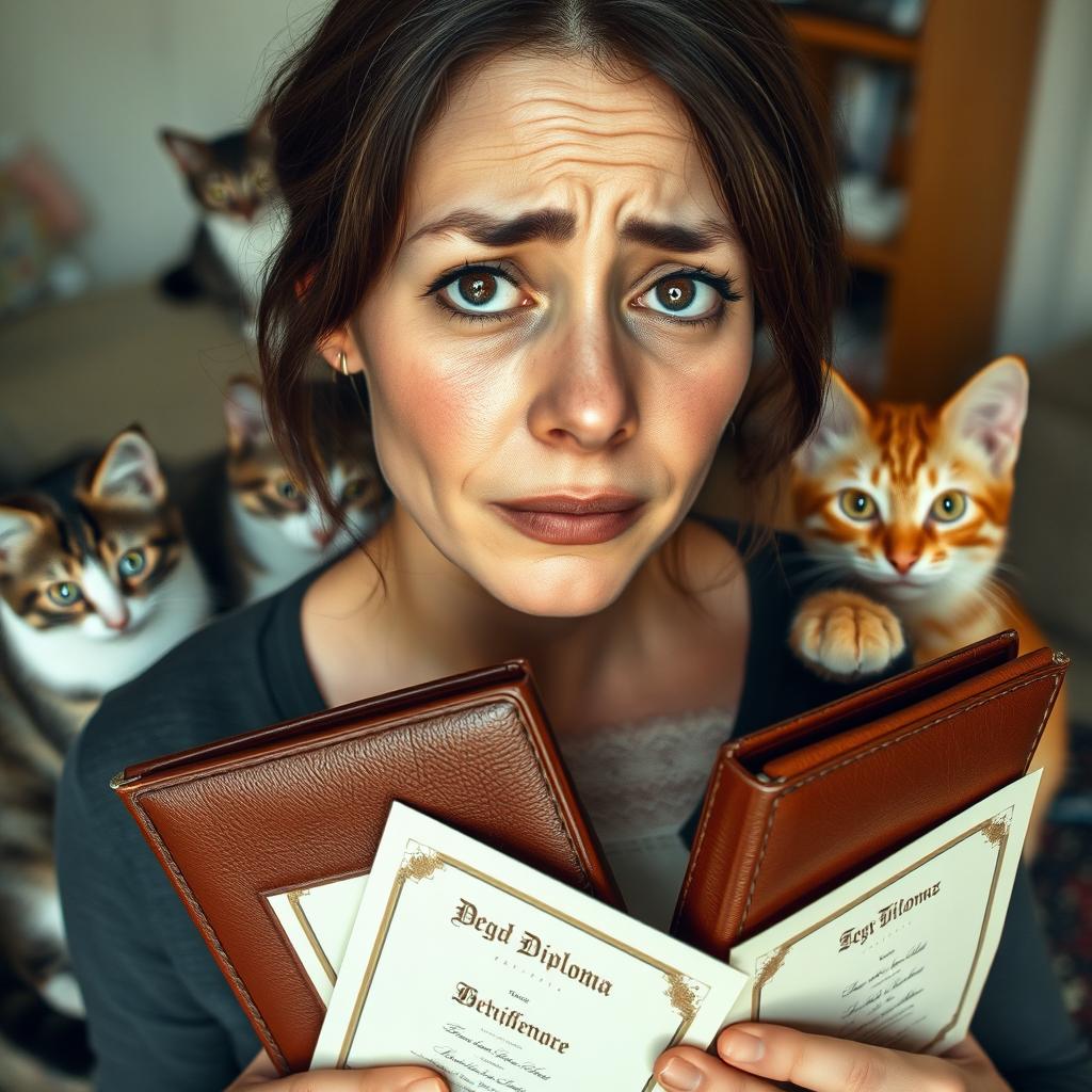 A woman in her 30s with a melancholic expression, almost crying, holding three diplomas encased in elegant brown leather covers