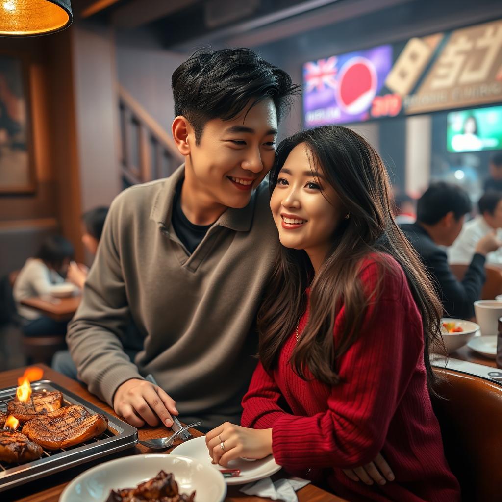 In a cozy BBQ restaurant setting, a handsome Korean man named Ji-hoon, aged 30, leans in closely to a beautiful Korean woman named Soo-ah, aged 28
