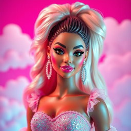 A stunning depiction of Zendaya in a glamorous Barbie-style aesthetic, featuring vibrant colors and playful designs