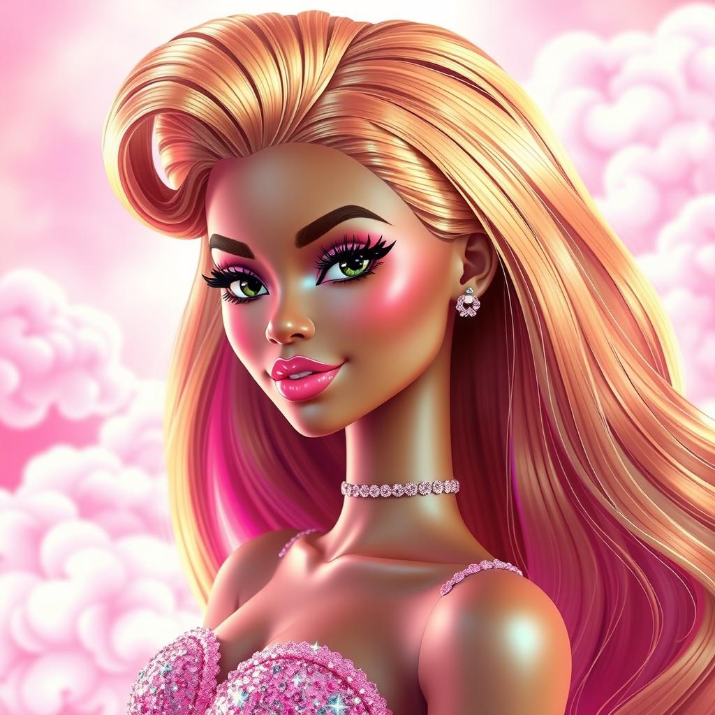 A stunning depiction of Zendaya in a glamorous Barbie-style aesthetic, featuring vibrant colors and playful designs