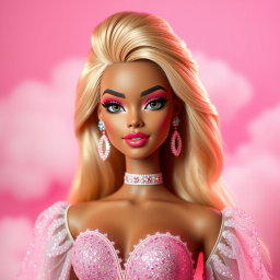 A stunning depiction of Zendaya in a glamorous Barbie-style aesthetic, featuring vibrant colors and playful designs