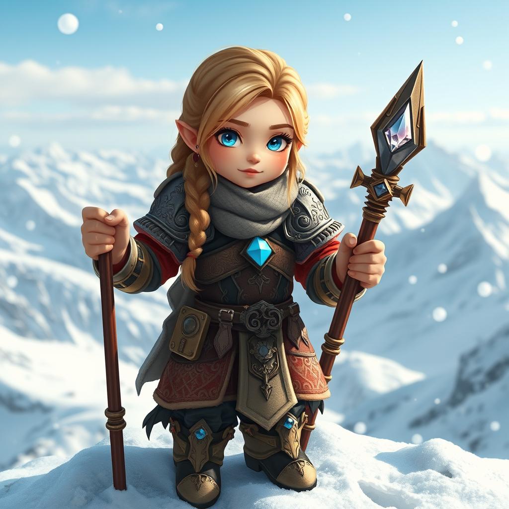 A cute young female Dwarf Sorcerer standing confidently on a snowy mountain top, adorned in intricate armor that blends elegance with ruggedness
