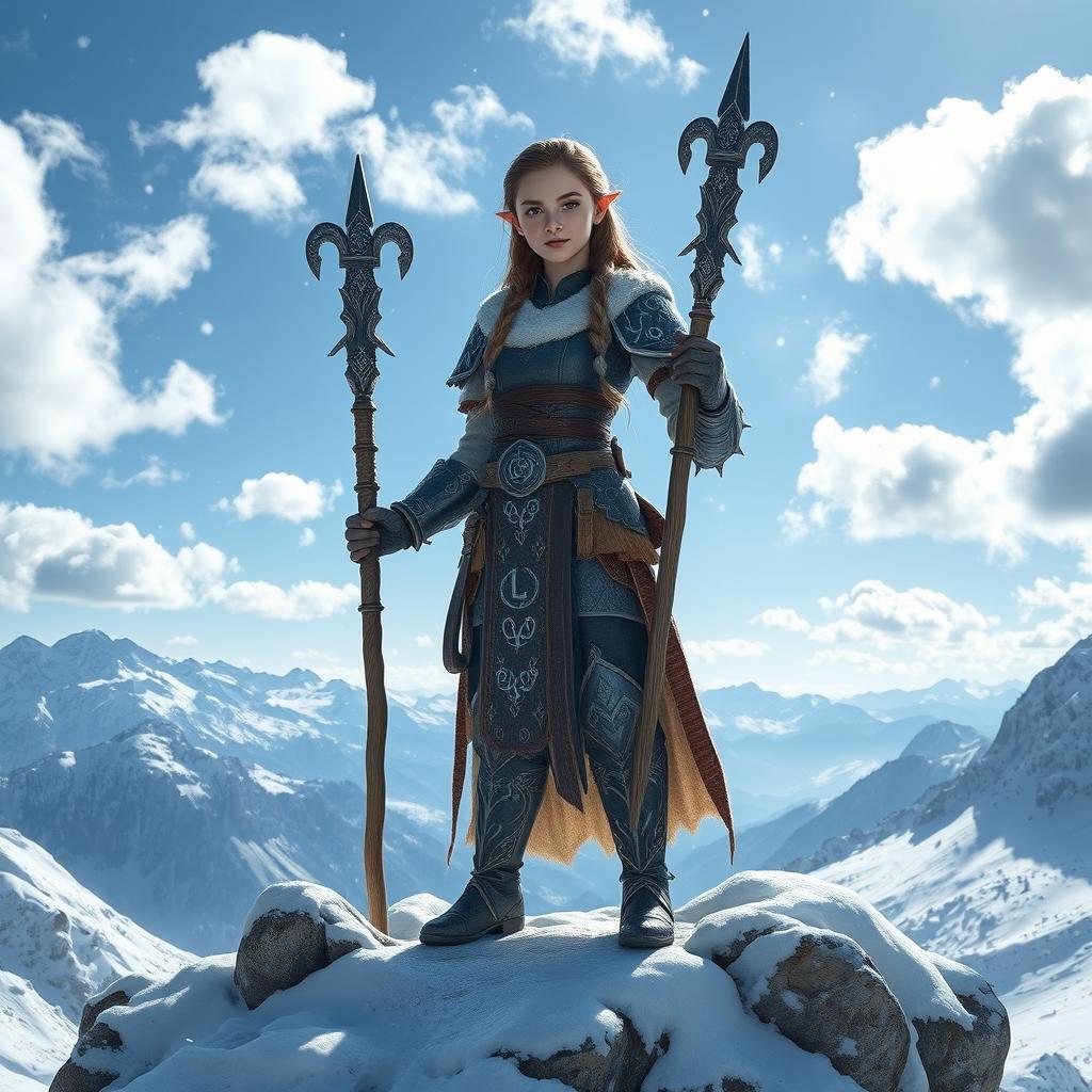 A young female dwarf sorcerer standing confidently on a snowy mountain top, surrounded by a breathtaking winter landscape