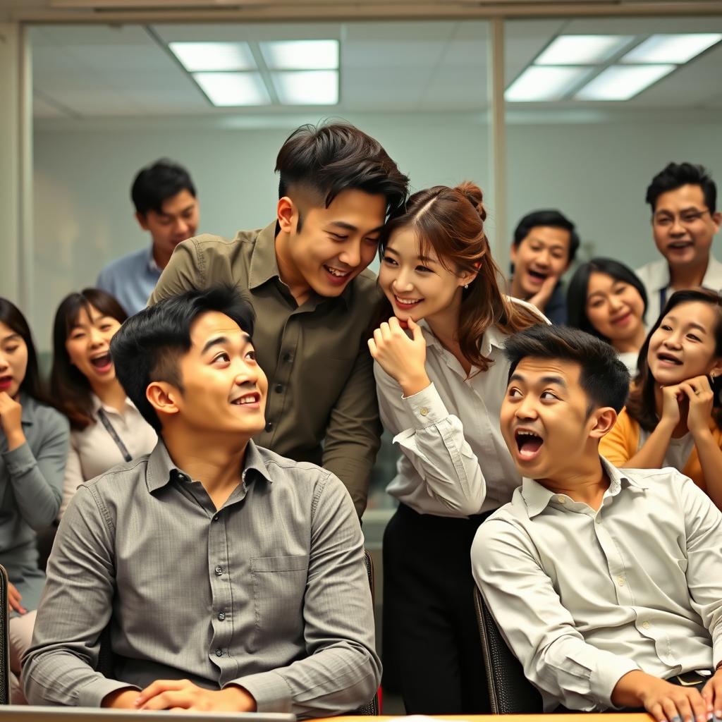 A lively office scene featuring Ji-hoon, a 30-year-old Korean man, leaning closely toward Soo-ah, a 28-year-old Korean woman