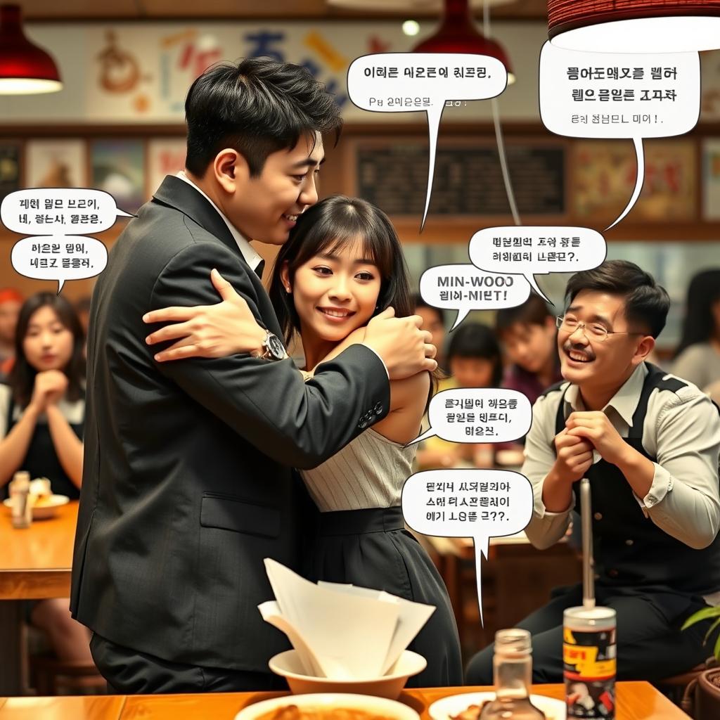 In a busy BBQ restaurant, Ji-hoon, a 30-year-old Korean man, leans close to Soo-ah, a 28-year-old Korean woman