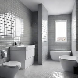 An elegant grey bathroom featuring one wall entirely covered in white glossy bricks.