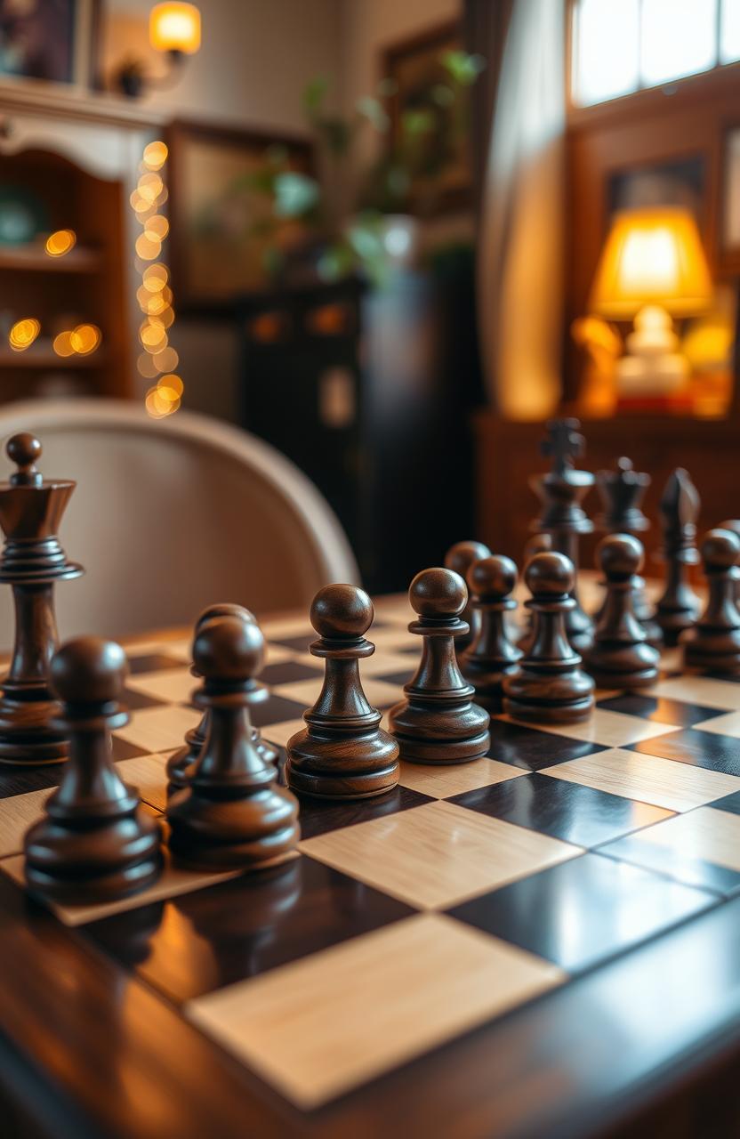 A beautifully crafted wooden chess board, featuring an intricate design of alternating dark and light squares, with elegant wooden chess pieces meticulously arranged on the board