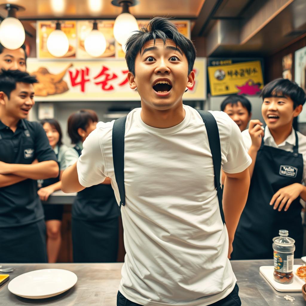 In a bustling BBQ restaurant setting, a 28-year-old Korean man named Min-woo stands at the forefront, his body jerking forward in surprise, with his jaw dropped in disbelief