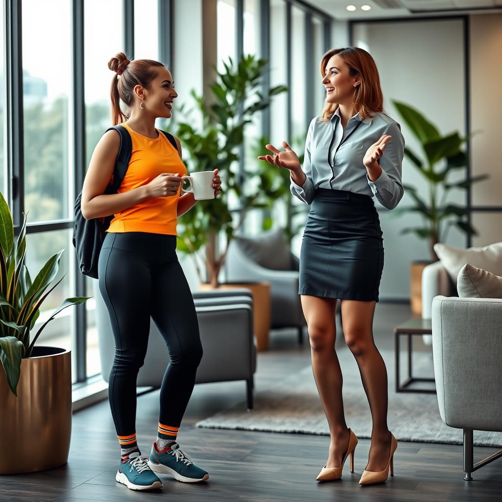 A lively scene inside a stylish office where two women are engaged in an animated conversation