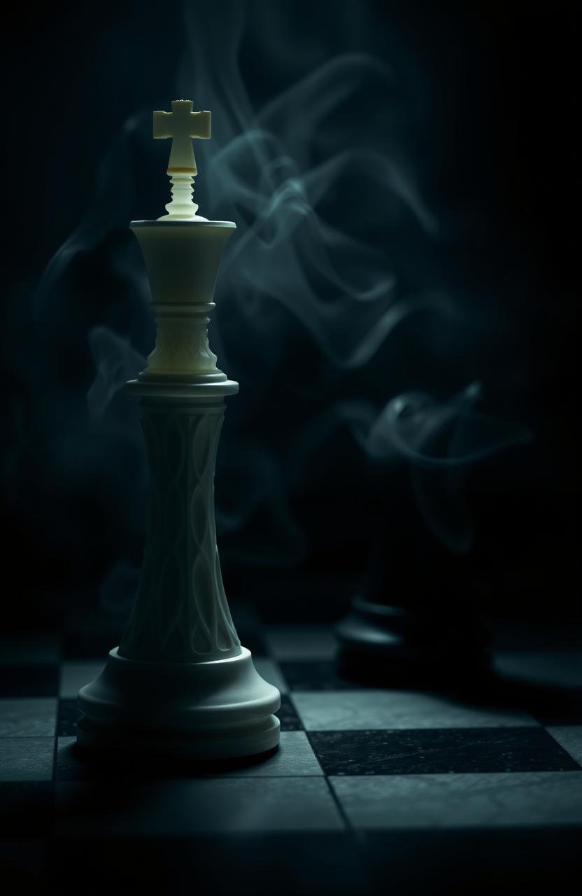 An eerie and atmospheric scene featuring a white queen chess piece and a black knight chess piece set in a dimly lit, foggy environment