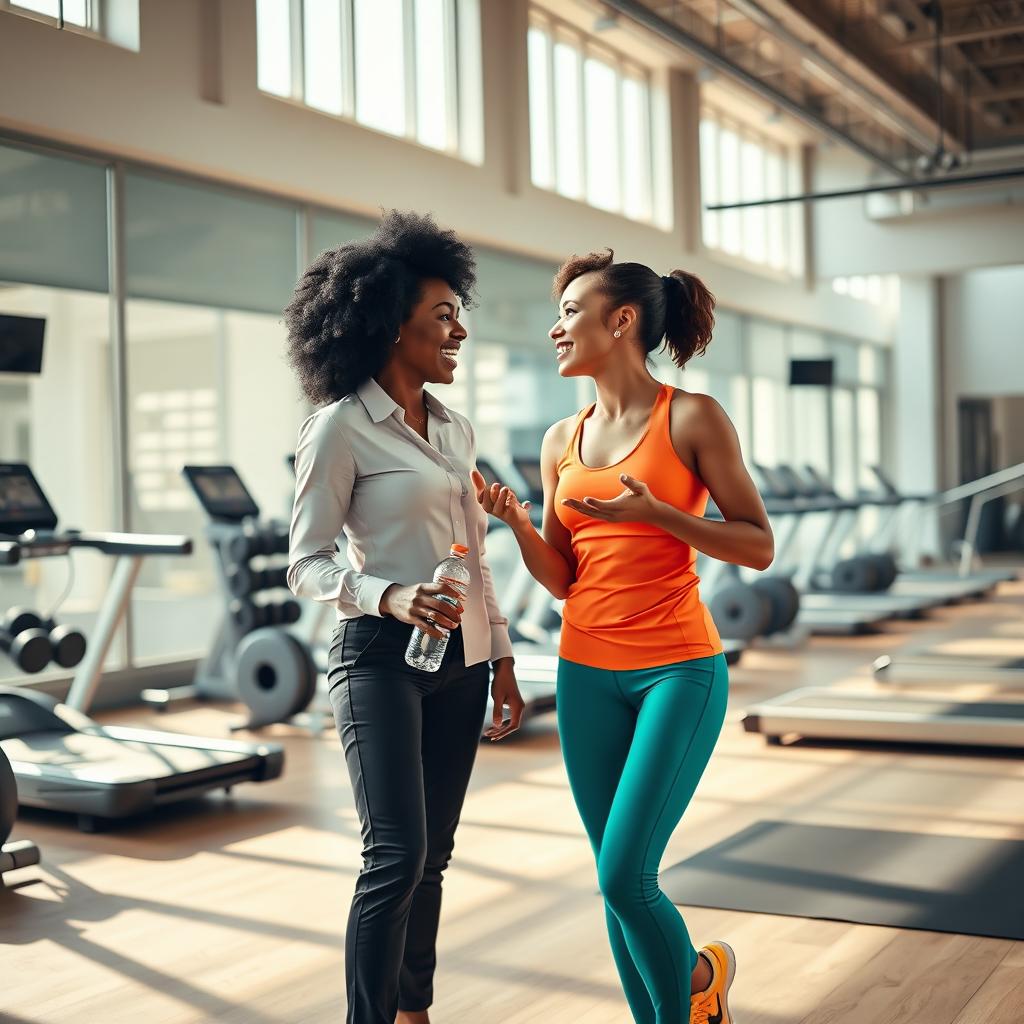 An invigorating scene inside a modern gym where two women are having an energetic conversation