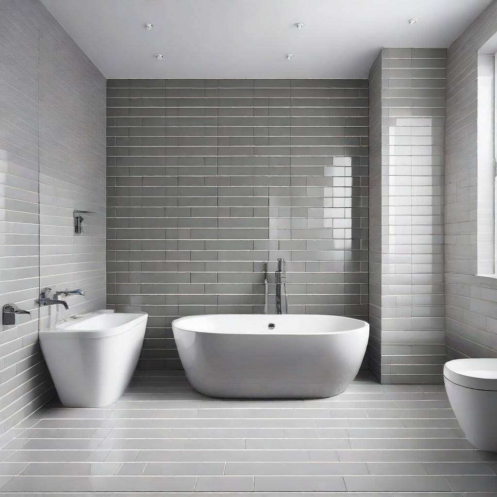 An elegant grey bathroom featuring one wall entirely covered in white glossy bricks.