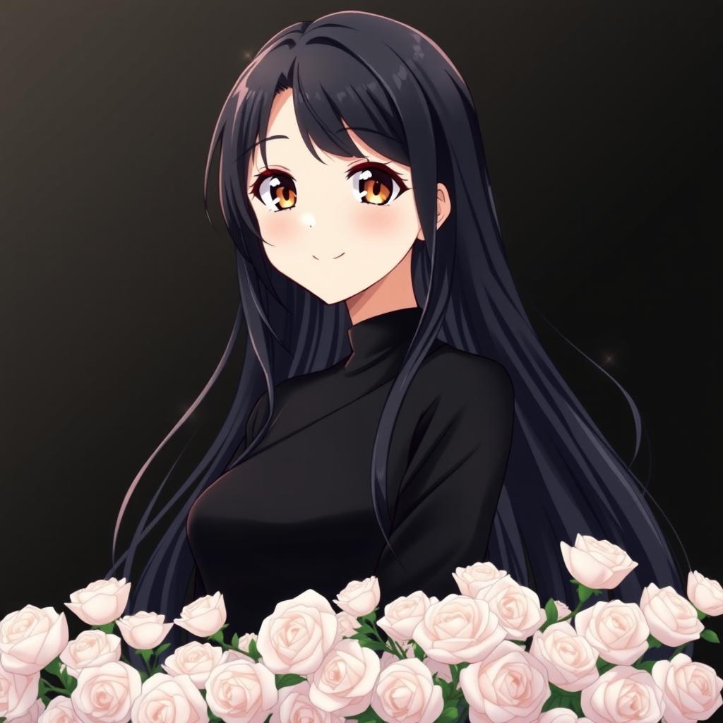 An anime beautiful girl with stunning hazel eyes and long, flowing black hair, set against a sleek, solid black background