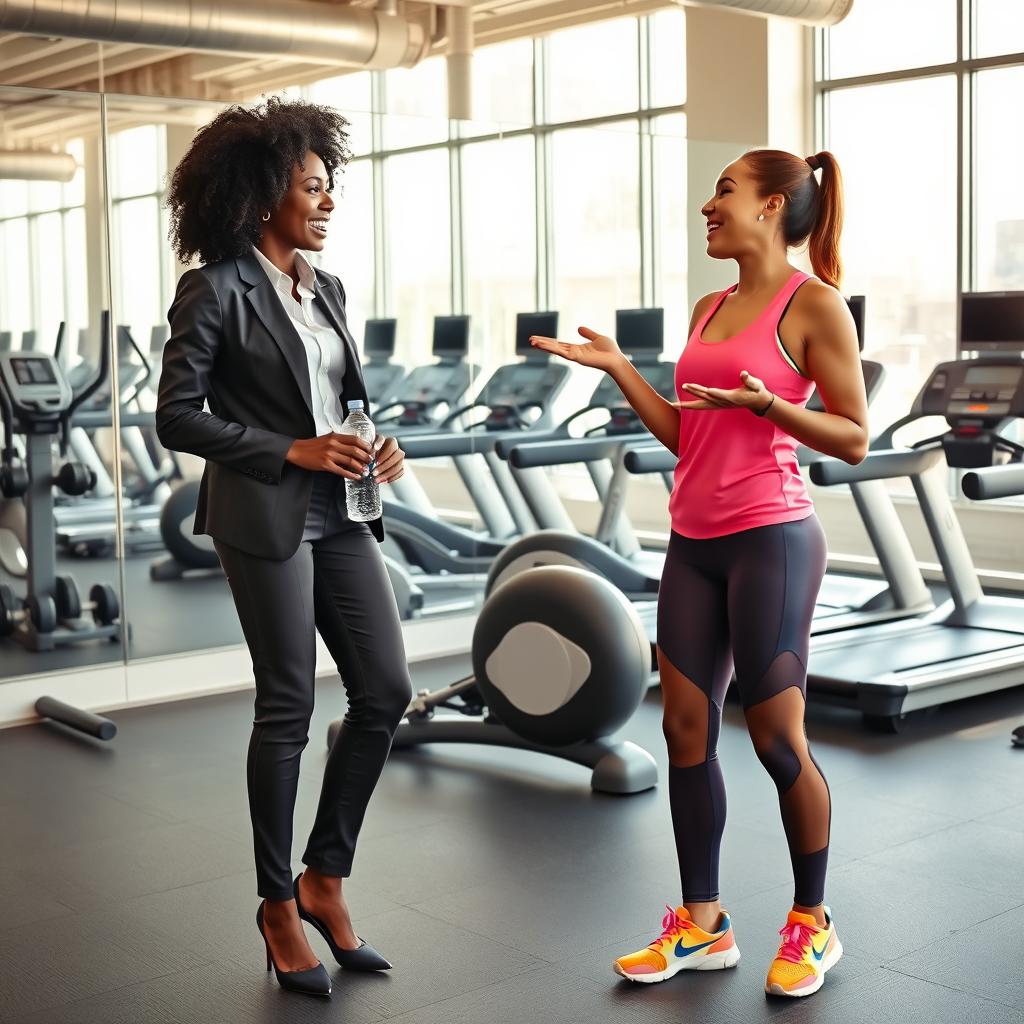 An invigorating scene inside a modern gym where two women are having an energetic conversation