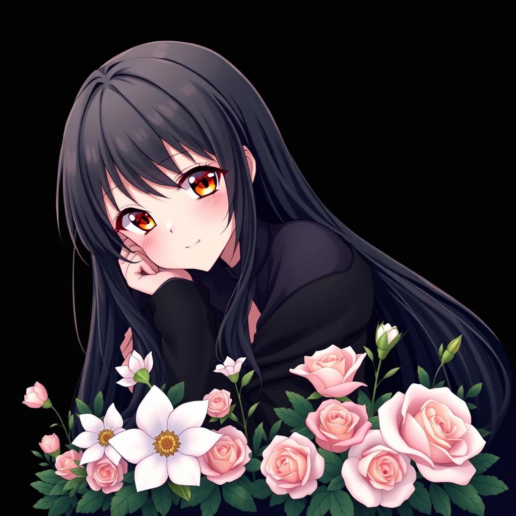 An anime girl with beautiful hazel eyes and long black hair, exuding a sense of satisfaction and happiness while relaxing in front of a black background