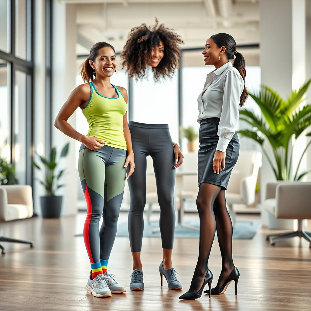 A full-body view of two women standing in a modern office space