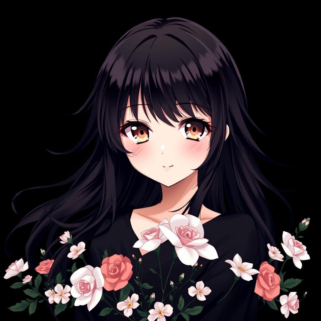 An anime beautiful girl with captivating hazel eyes and flowing black hair, set against a deep black background
