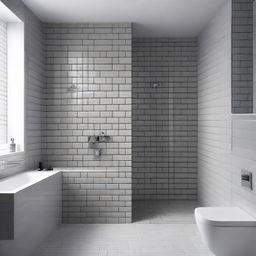 An elegant grey bathroom featuring one wall entirely covered in white glossy bricks.