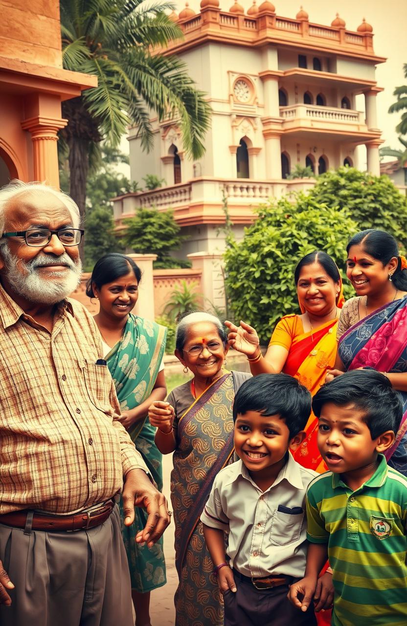 A nostalgic scene depicting a semi-urban Srikakulam in pre-independent India, showcasing vibrant characters: a stalwart grandfather with a gentle smile, a gritty grandmother exuding strength, a group of colorful schoolteachers engaging with energetic young boys