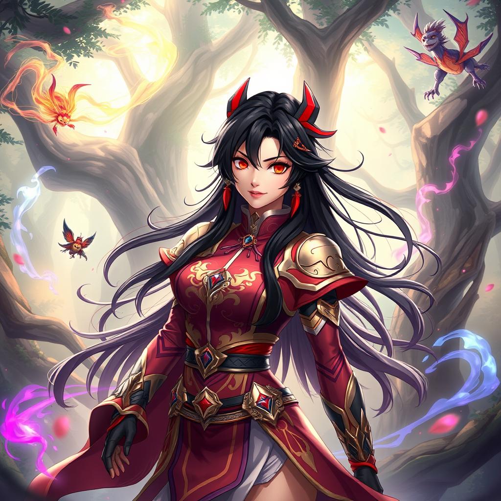 A beautiful and powerful female character named Shu Kurenai, dressed in an intricate, vibrant outfit that combines elements of traditional Japanese clothing with modern fantasy armor